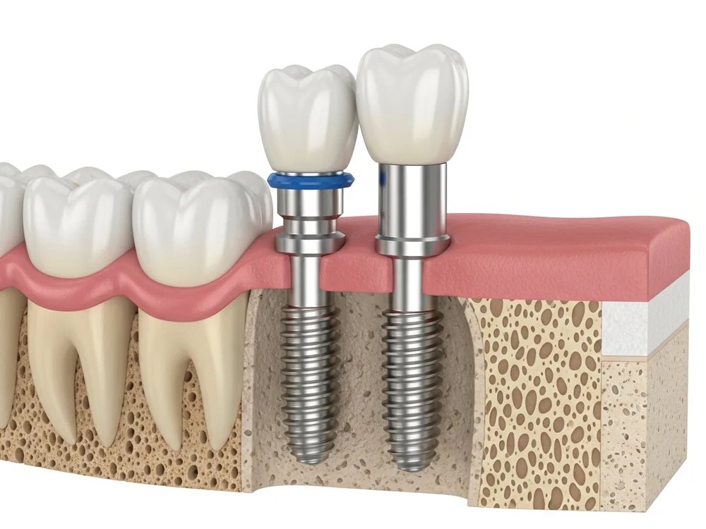 Two implants in the jawbone, three-dimensional view