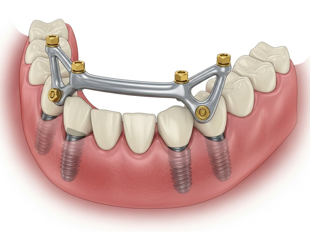 Alt &ccedil;enede d&ouml;rt implant &uuml;zerinde bar konstr&uuml;ksiyonu