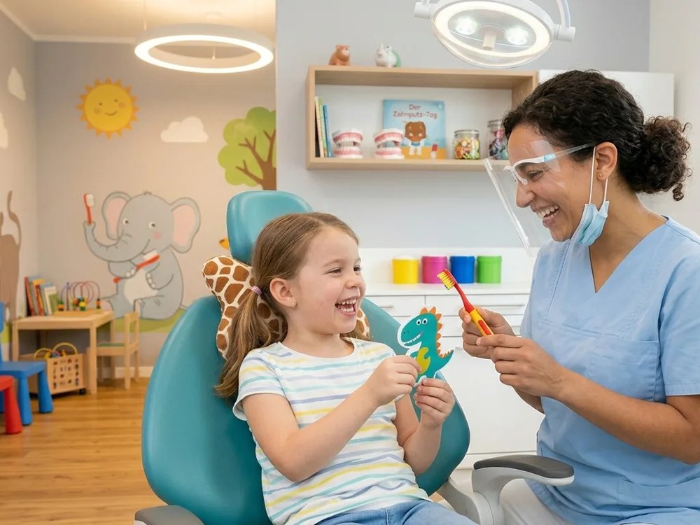 A child laughing with the dentist in a child-friendly practice
