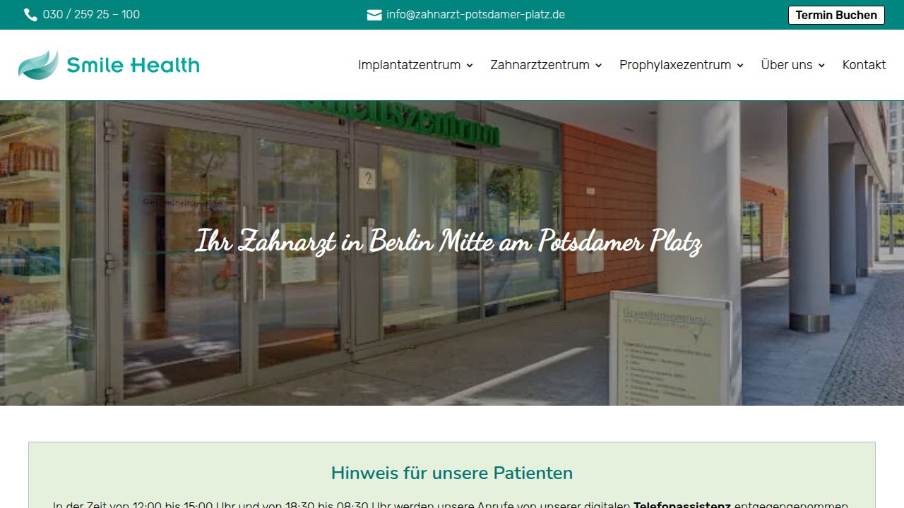 Startseite der Internetseite von Smile Health MVZ Potsdamer Platz   Dr.Msc Msc MB Rasmus Sperber